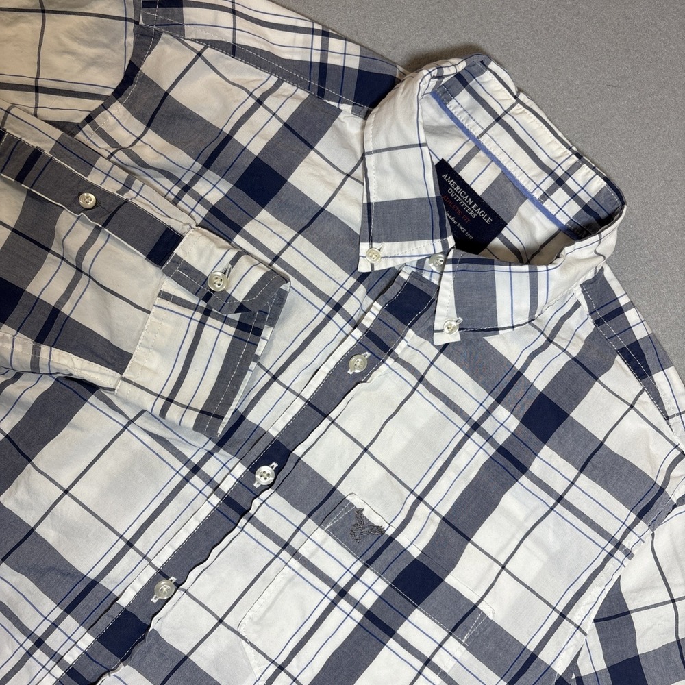 American Eagle Button Shirt Men Large Athletic Fit Gray Blue Plaid Long Sleeve